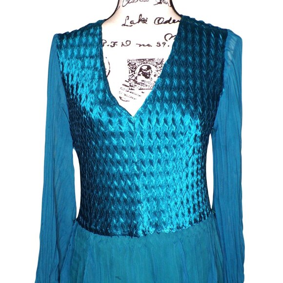 🆕KOMAROV Long Sleeve Crinkle Midi Dress Peacock (Teal Aqua Blue) Large (10-12) - Picture 8 of 12